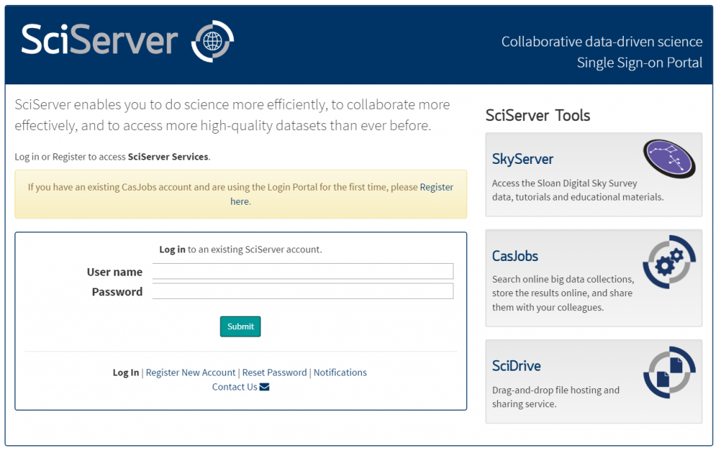 Screenshot of the SciServer Login Portal