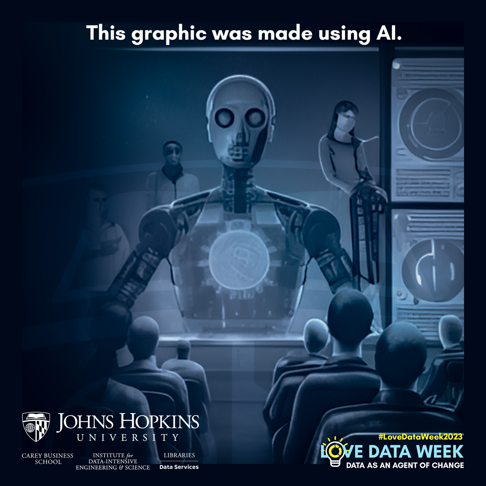 A dark square blue-toned graphic features a theater showing the backs of audiences heads and a large robot figure on the screen. White text reads "this image was made using AI"