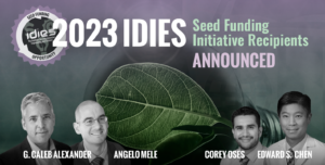 A banner image composite announcing the 2023 IDIES Seed funding recipients. Headshots of all four awardees and their names are against a gradient background with a close-up of a lightbulb containing a leaf.