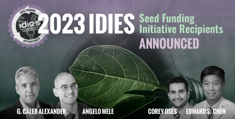 A banner image composite announcing the 2023 IDIES Seed funding recipients. Headshots of all four awardees and their names are against a gradient background with a close-up of a lightbulb containing a leaf.