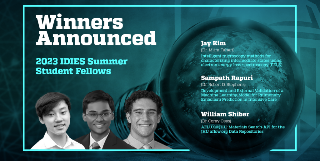 A banner image composite announcing the 2023 IDIES SSF recipients. Headshots of all three awardees and their names are against a gradient background with a close-up of a lightbulb containing the earth.